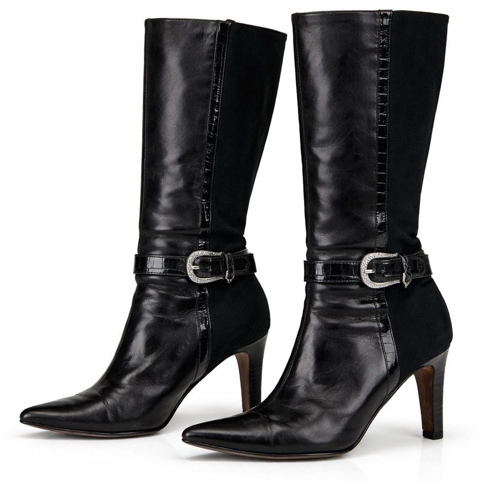 Brighton Italian Vintage Rachel Black Leather Nylon Boots Womenโs Size 8M - Picture 1 of 13